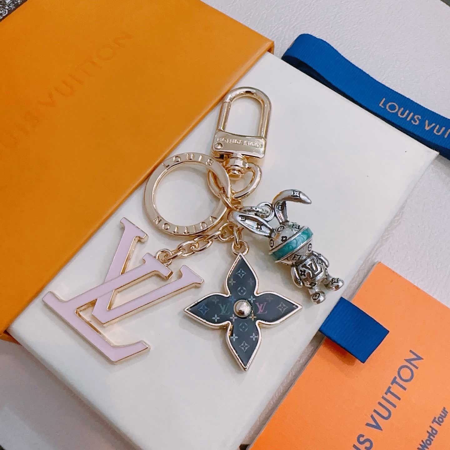 Louis Vuitton Monogram Keychain with LV Logo and Mice Charm